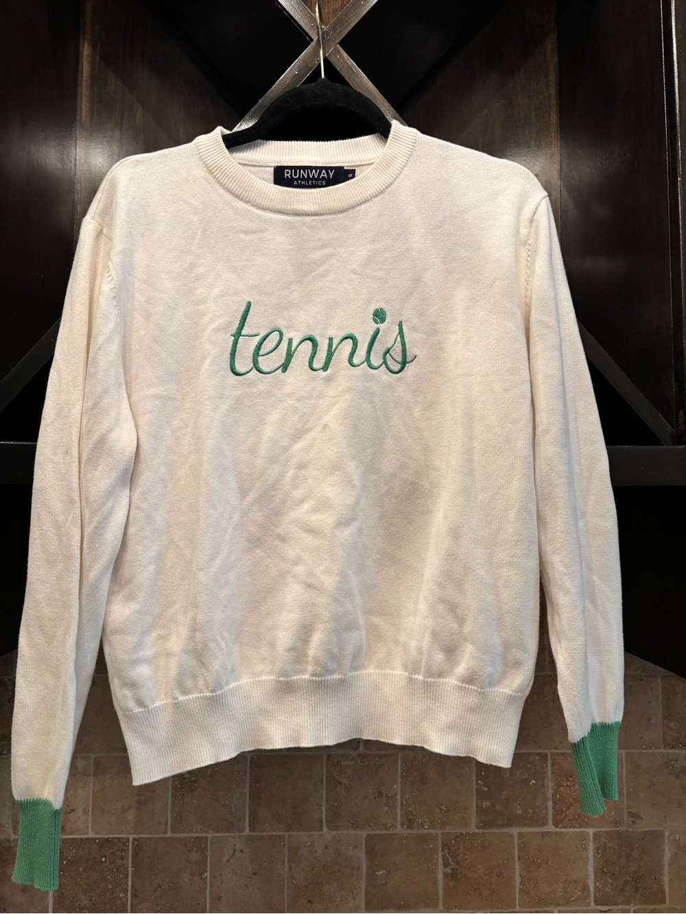 Cream Crewneck Sweater with Green 'Tennis' Script